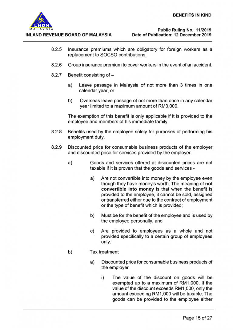 Extraction from latest TAX RULING ON BENEFITS IN KIND (dated 12